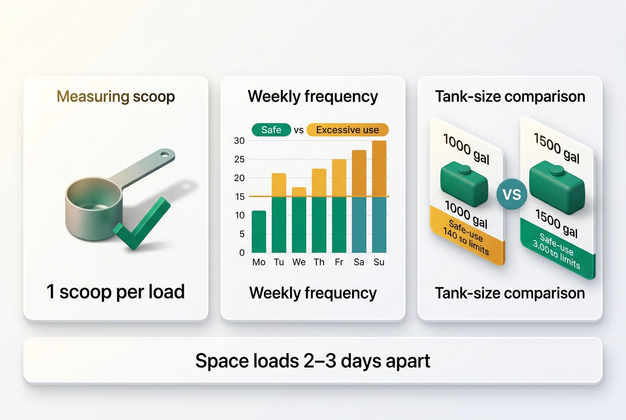 Isometric dosage guide showing safe OxiClean scoop amounts per load, weekly limits, and tank size considerations in a visual chart.