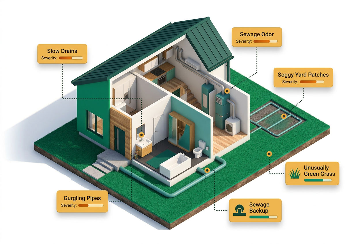 Isometric home cutaway displaying six septic stress warning signs: slow drains, odors, soggy yard, gurgling pipes, backups, and lush grass patches.