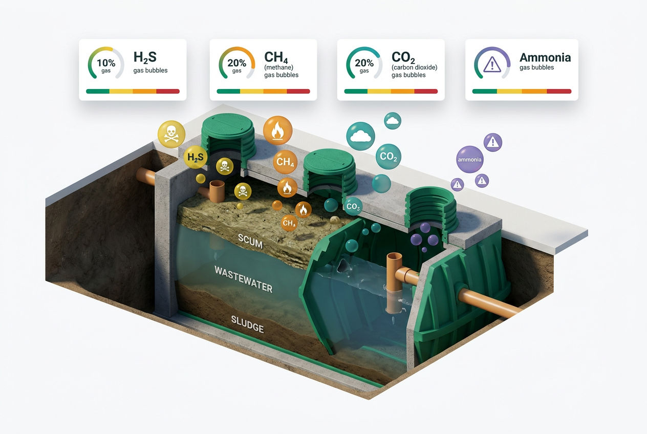 3D isometric infographic showing septic tank gas types: hydrogen sulfide, methane, CO2, and ammonia with percentage dials and hazard icons.