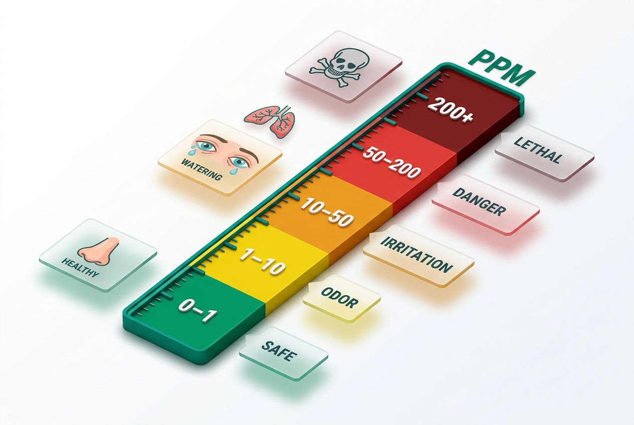 Isometric danger-level gauge chart showing hydrogen sulfide PPM thresholds from safe to lethal with color-coded risk zones and symptom icons.