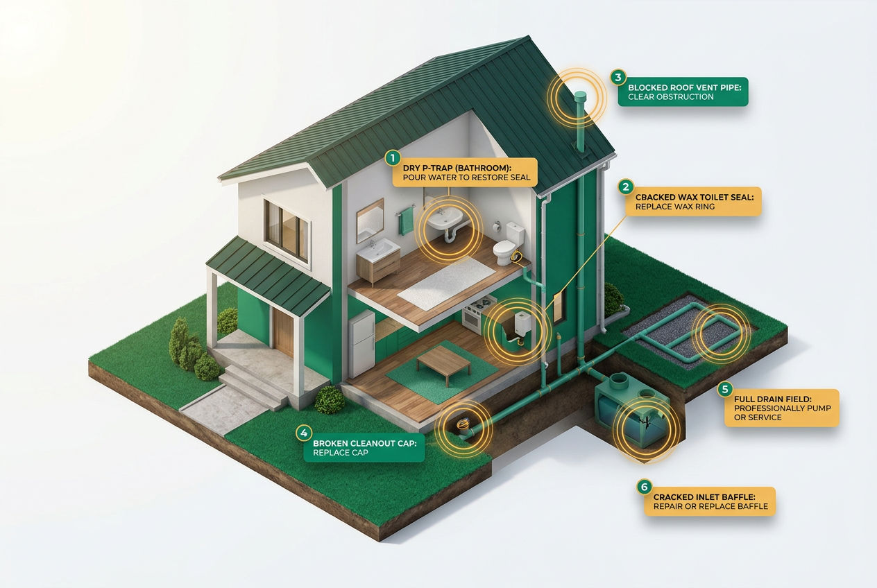 Isometric home cutaway showing six indoor septic smell entry points: dry P-traps, cracked wax seals, roof vent blockage, and faulty cleanouts.