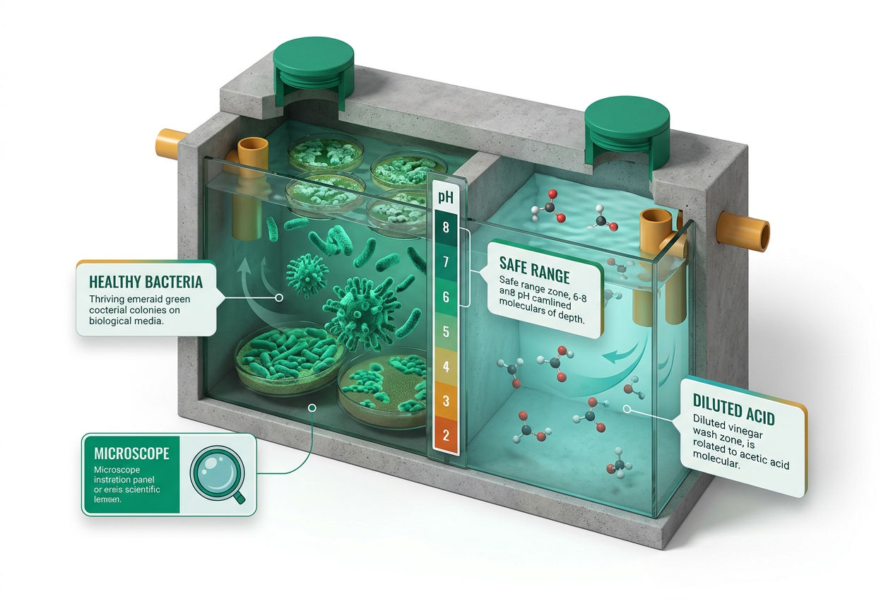 3D isometric cutaway of a septic tank showing healthy bacterial colonies vs. vinegar dilution zones with pH scale indicator.