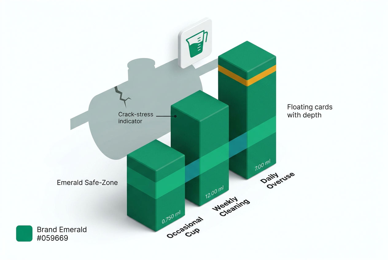 Isometric bar chart comparing safe vs. excessive vinegar volumes per week with septic tank silhouette and warning threshold line.