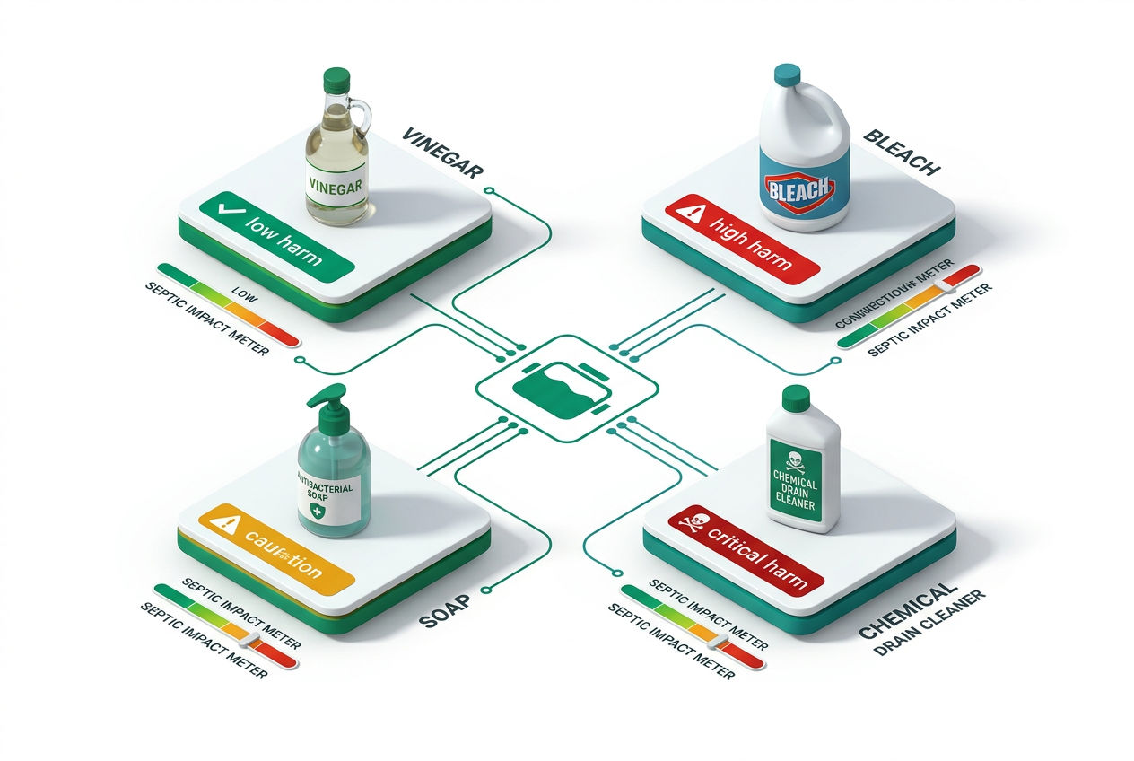 Side-by-side isometric comparison grid of vinegar, bleach, antibacterial soap, and drain chemicals rated by septic harm level.