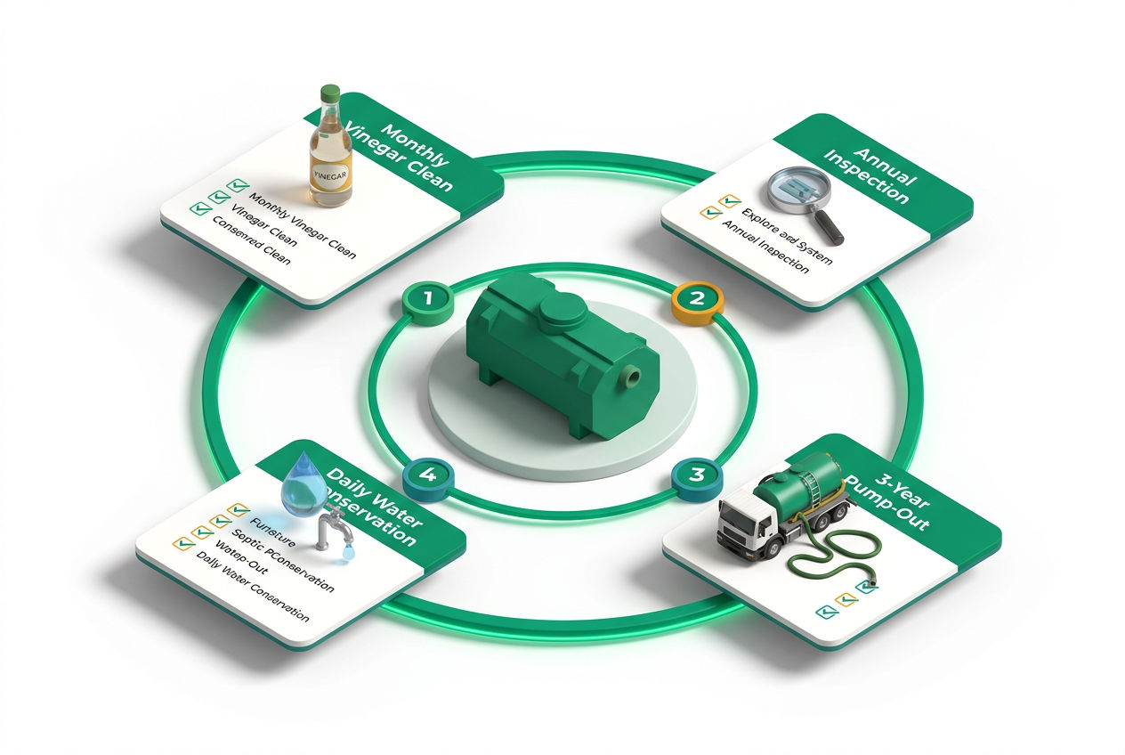 Isometric circular maintenance timeline showing monthly vinegar cleaning step alongside pumping, inspection, and water-use milestones.