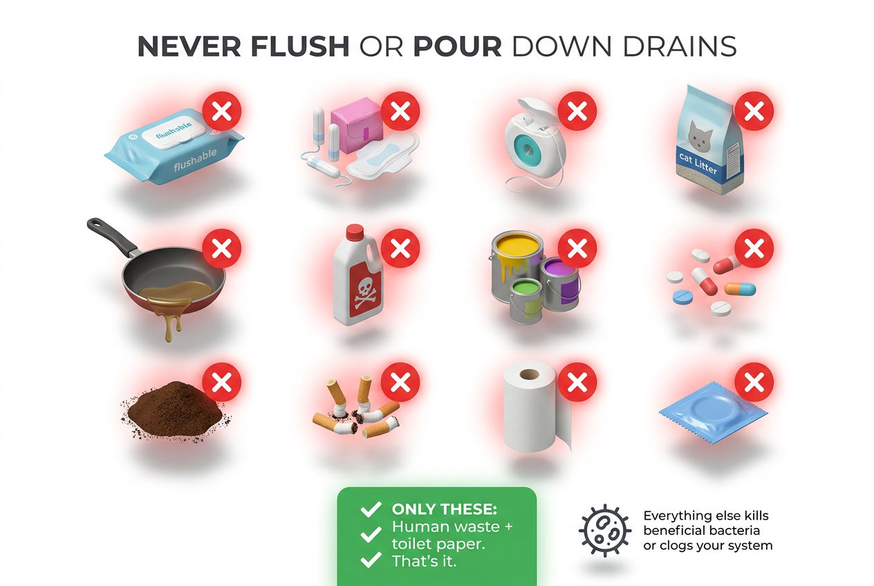 3D visual grid showing 12 items that should never be flushed in homes with septic systems