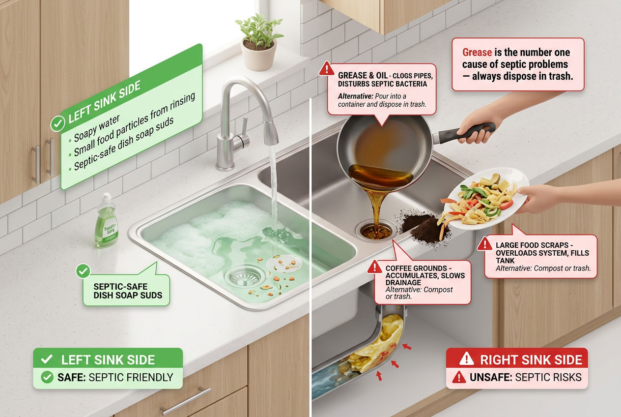 3D kitchen scene showing safe versus unsafe items for kitchen drains in homes with septic systems