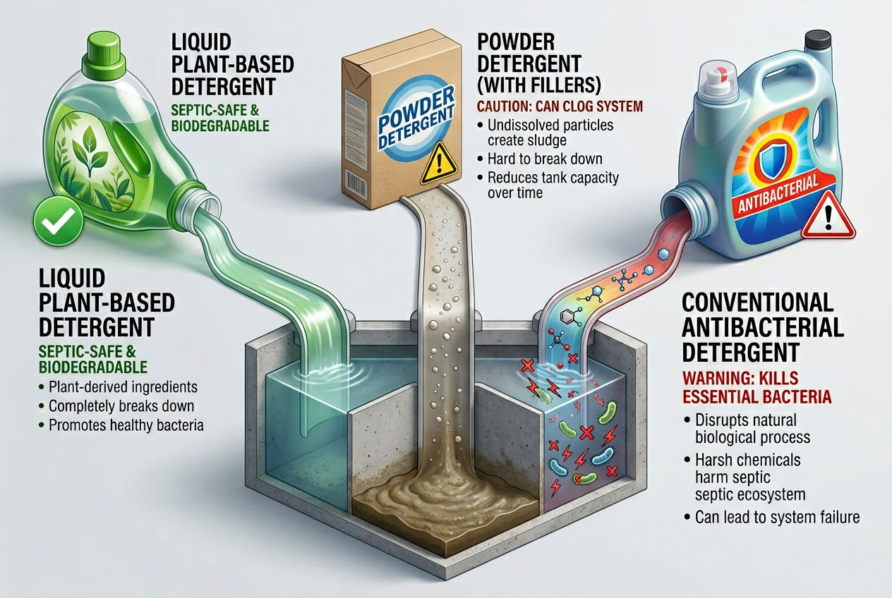 3D comparison of three detergent types entering septic tank: biodegradable safe, powder with filler buildup, antibacterial harmful