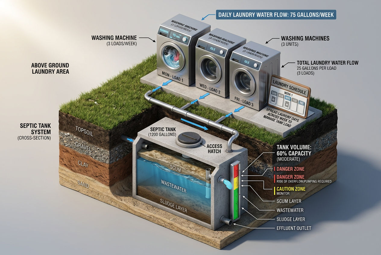 3D visualization showing washing machine water volume flowing into a septic tank with capacity zones marked