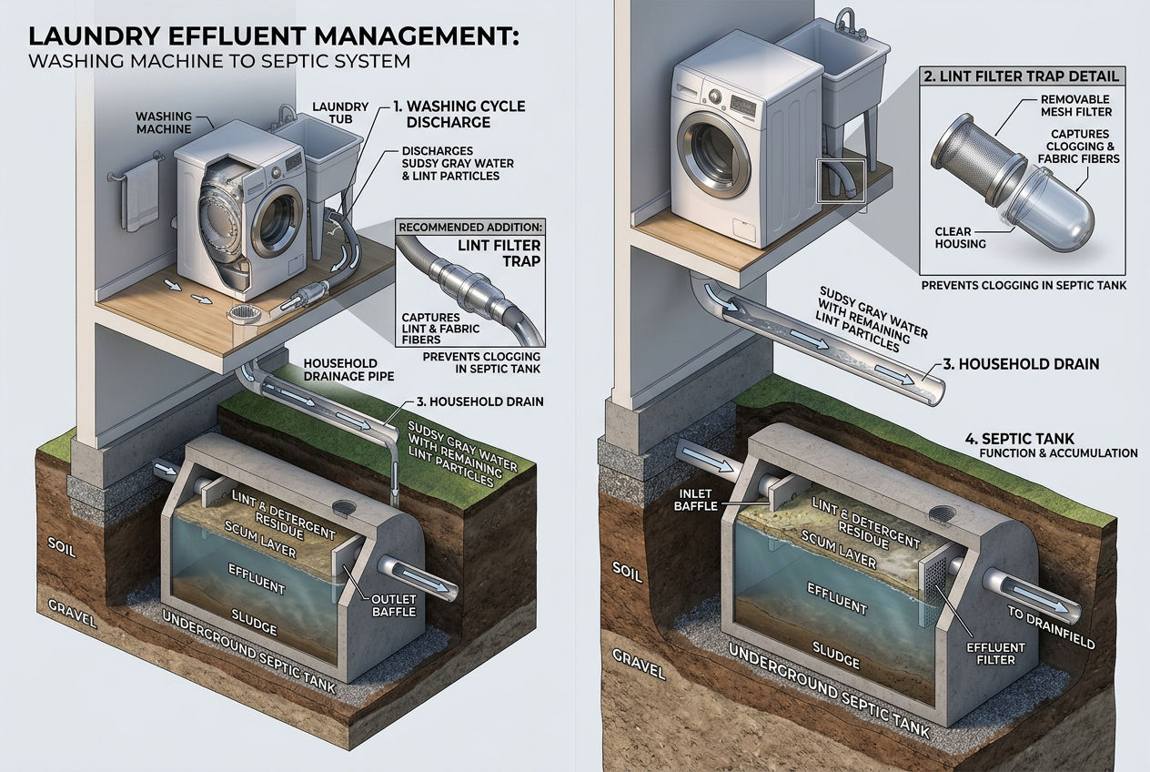 3D cutaway showing washing machine water flowing through pipes into a septic tank with lint and detergent visible