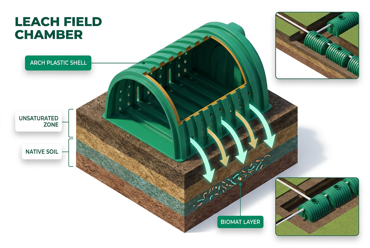 3D isometric cutaway showing leach field chamber arch shape, soil contact zones, effluent flow arrows, and soil absorption layers labeled.