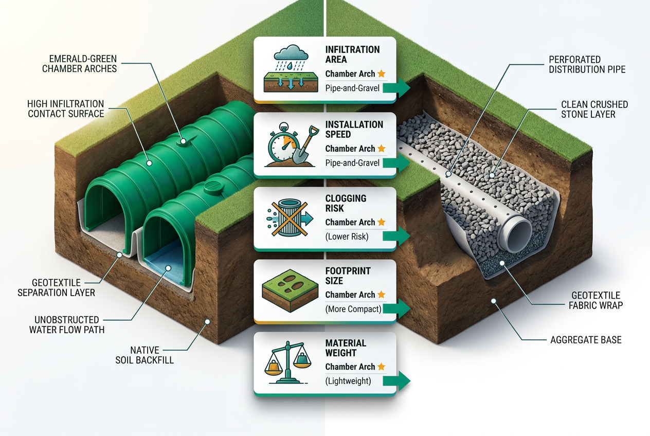 Split isometric comparison panel: left shows chamber trench cross-section, right shows pipe-and-gravel trench, with metric icons for flow rate, instal