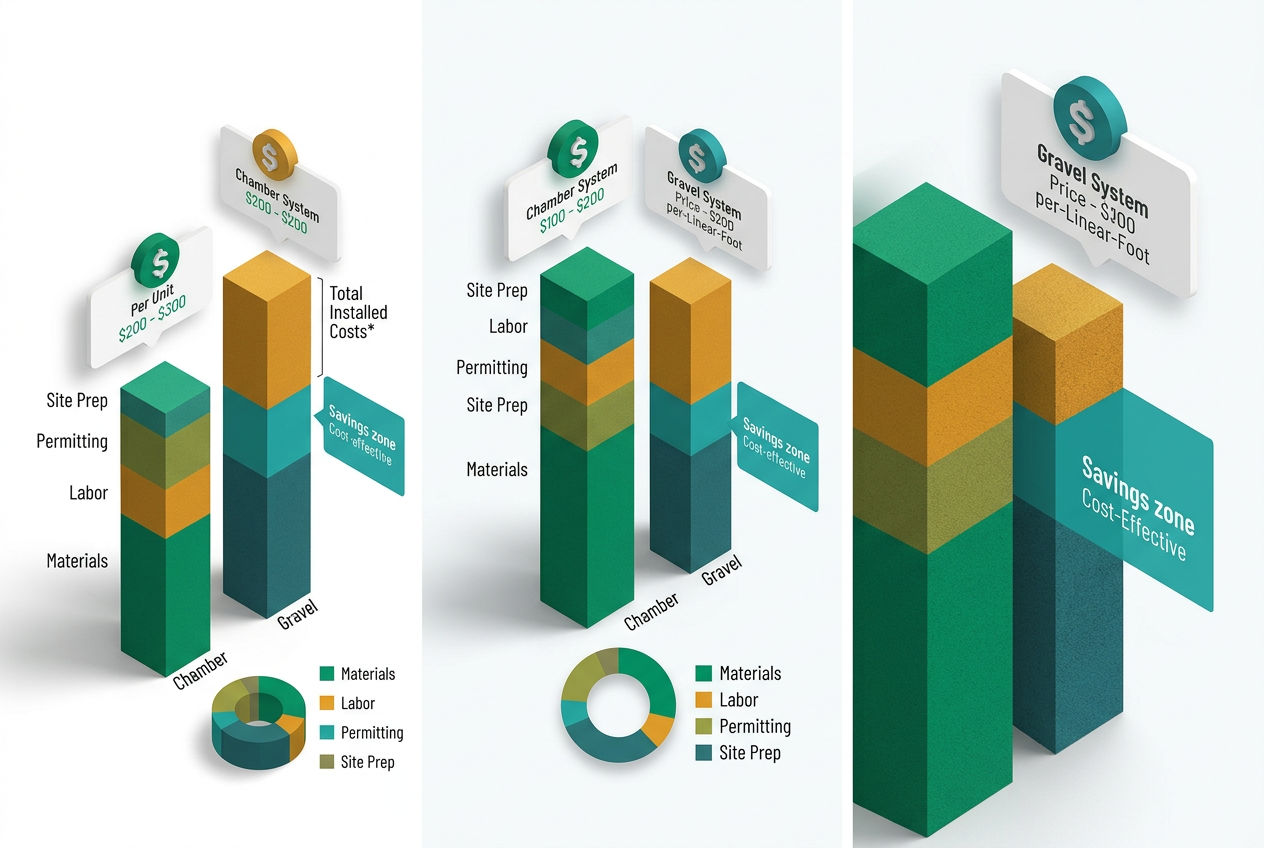 Isometric cost breakdown showing stacked bar charts for materials, labor, and permitting costs comparing chamber systems versus traditional gravel sys