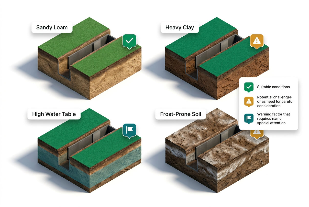 Isometric regional terrain panels showing chamber performance across clay soil, sandy soil, high water table, and cold climate zones with verdict badg