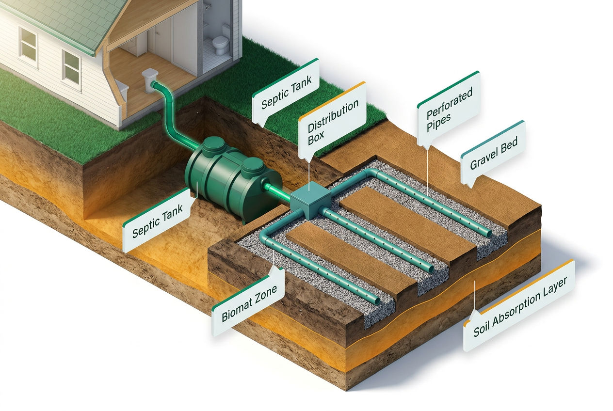 3D isometric cutaway of a residential leach field showing septic tank, distribution box, perforated pipes, gravel bed, and soil layers with labels.