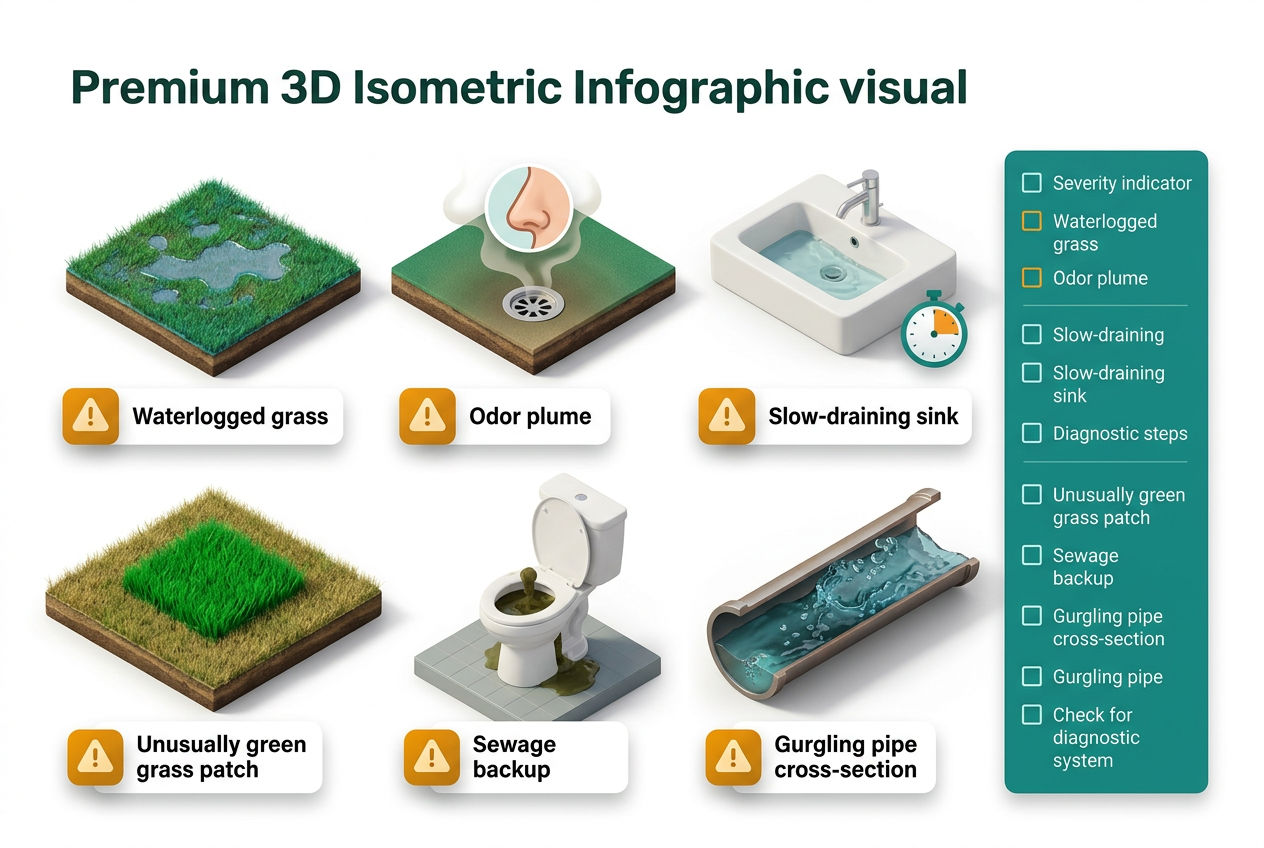 Isometric warning-sign dashboard showing soggy yard, sewage odors, slow drains, and lush grass patches as leach field failure indicators.