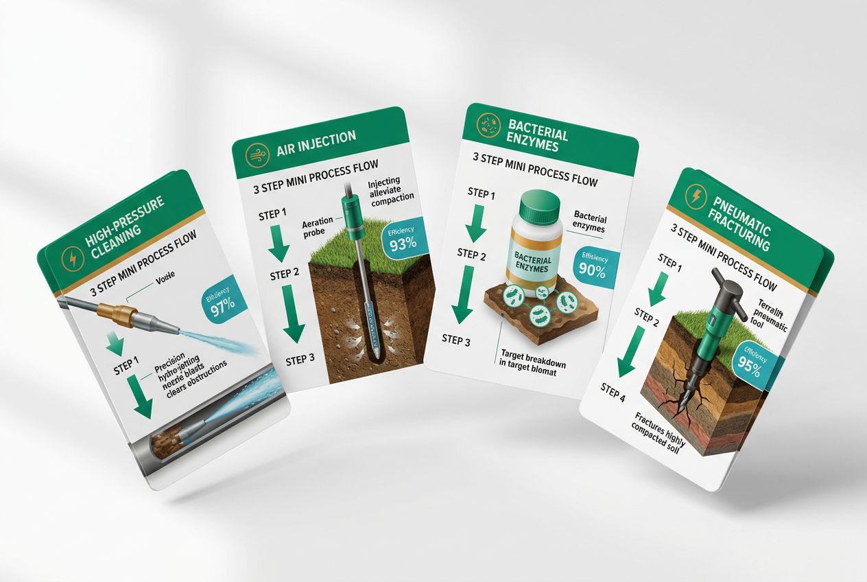 Side-by-side isometric panels comparing hydro-jetting, aeration, bacterial treatment, and terralift pipe rejuvenation methods with process step icons.