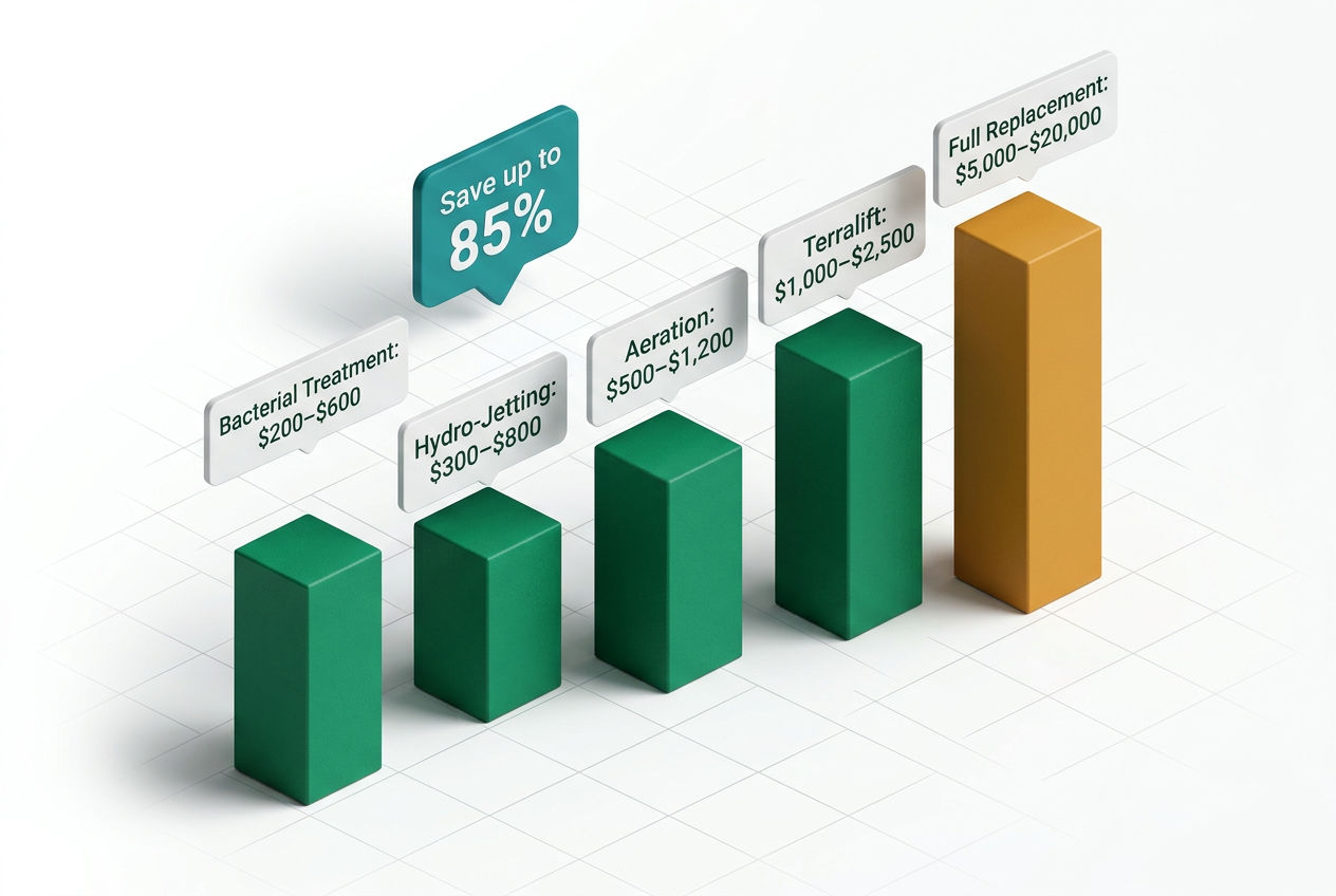 Isometric bar chart comparing leach field rejuvenation costs by method versus full replacement, with floating price-range cards and savings callout.