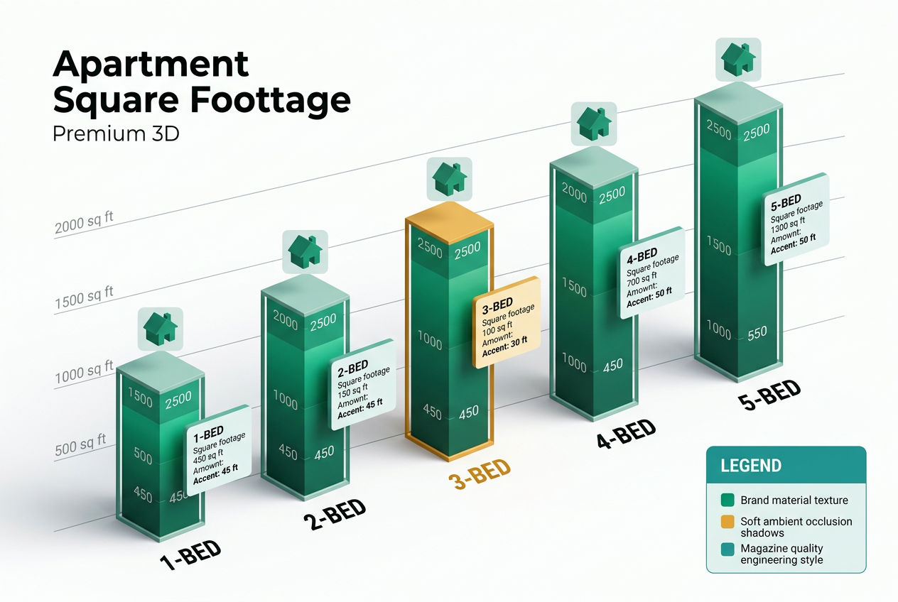 3D isometric bar chart comparing leach field square footage for 1- to 5-bedroom homes with emerald green color coding.