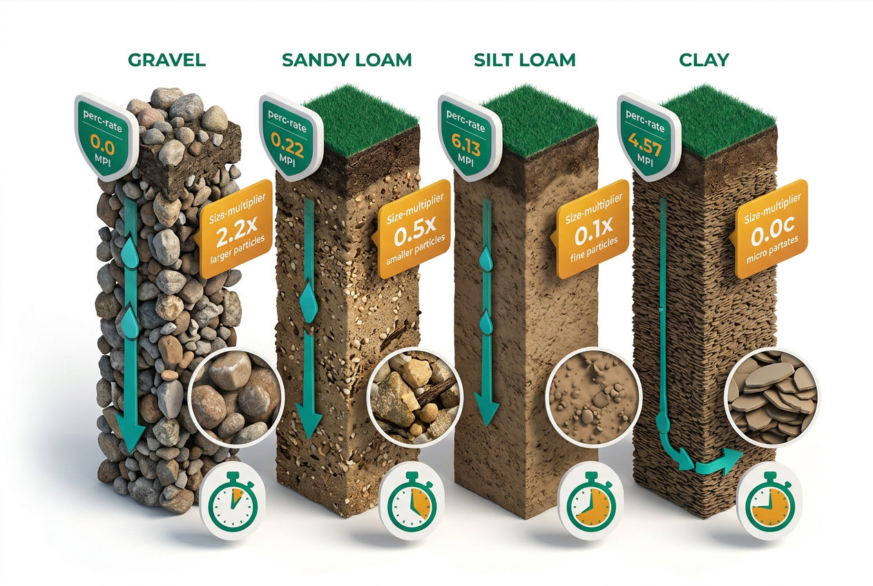 Isometric cutaway diagram showing 4 soil types—gravel, sandy, loam, clay—with percolation rate labels and required field size multipliers.