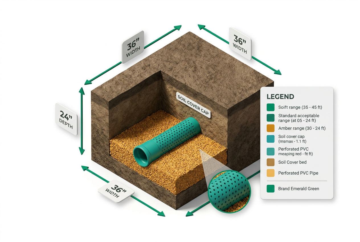 3D isometric trench cutaway showing width, depth, gravel layer, perforated pipe, and soil cover with precise dimension callouts.