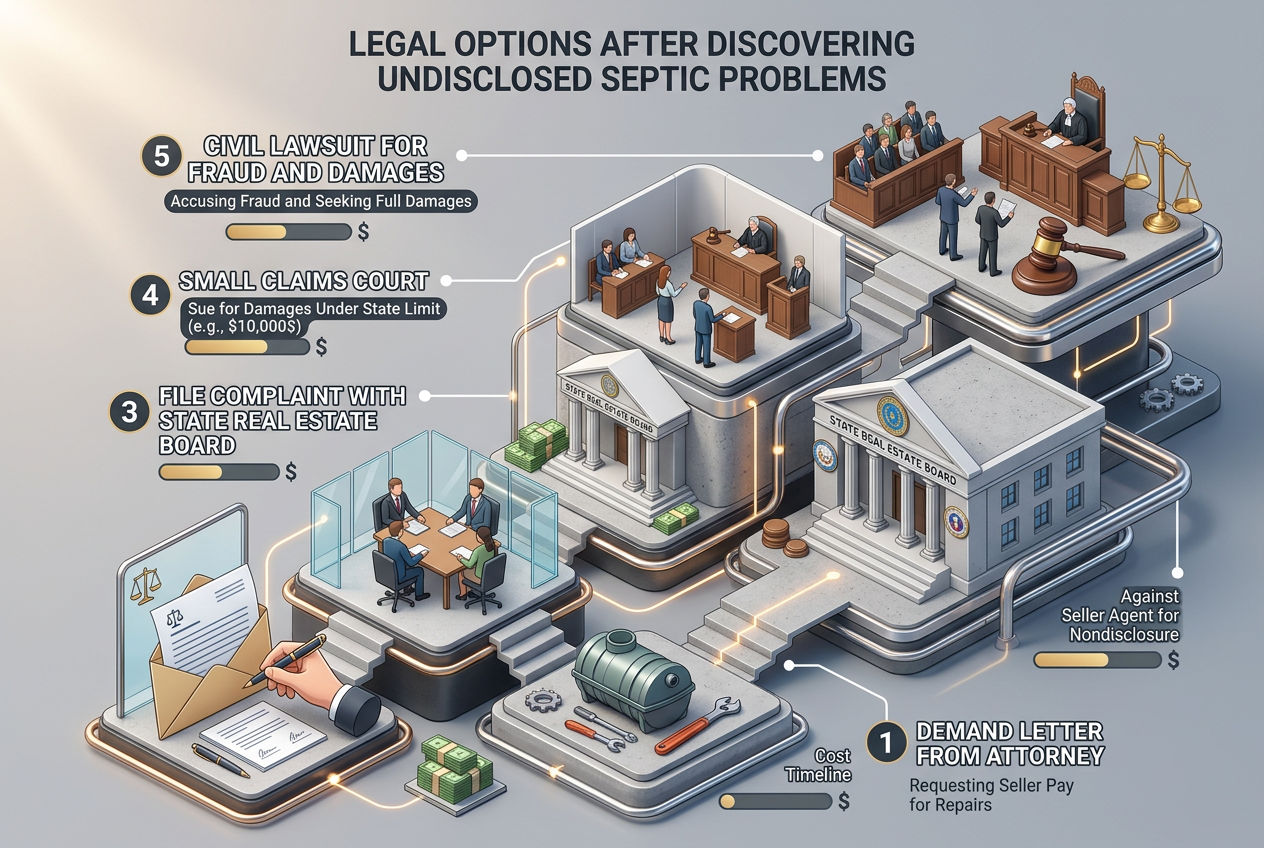 3D five escalating legal options from demand letter to civil lawsuit for undisclosed septic problems with cost and timeline