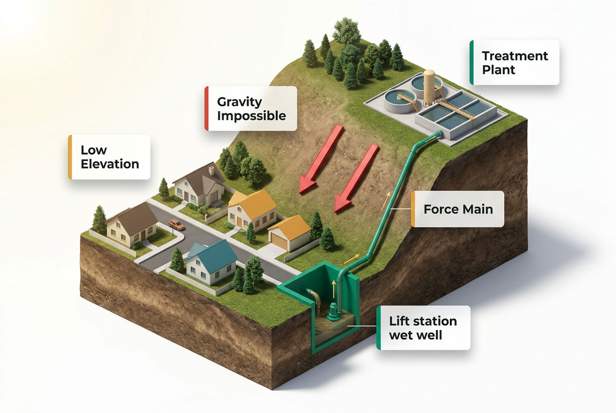 3D isometric diagram showing low-lying neighborhood with gravity-flow arrows blocked by terrain, lift station pumping sewage uphill to treatment plant