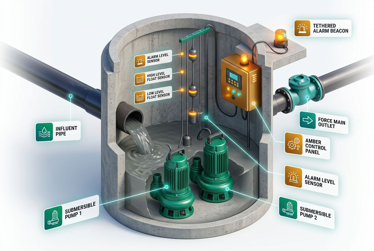 Isometric cutaway of a lift station wet well showing dual submersible pumps, float sensors, control panel, valve vault, and force main pipe labeled.