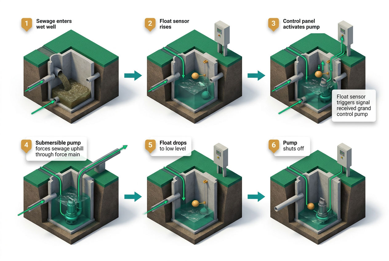 Six-step horizontal isometric flow showing sewage entering wet well, float rising, pump activating, sewage pumped uphill, float dropping, pump shuttin