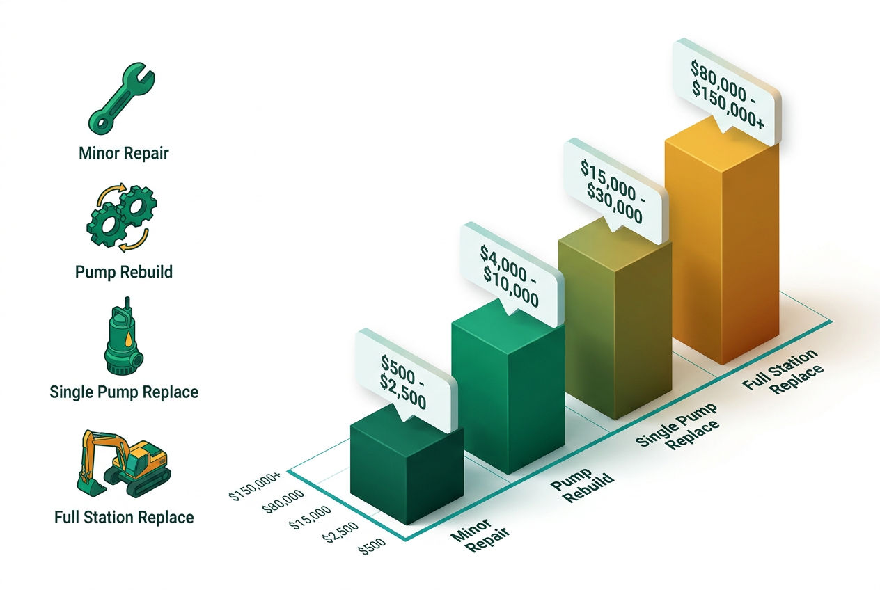 Isometric bar chart comparing lift station pump repair vs replacement costs with floating cost range cards, wrench and pump icons, emerald and amber c