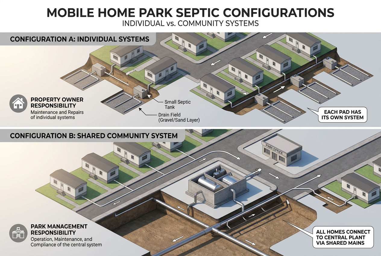 3D aerial view of mobile home park showing individual septic systems per pad versus shared community treatment system