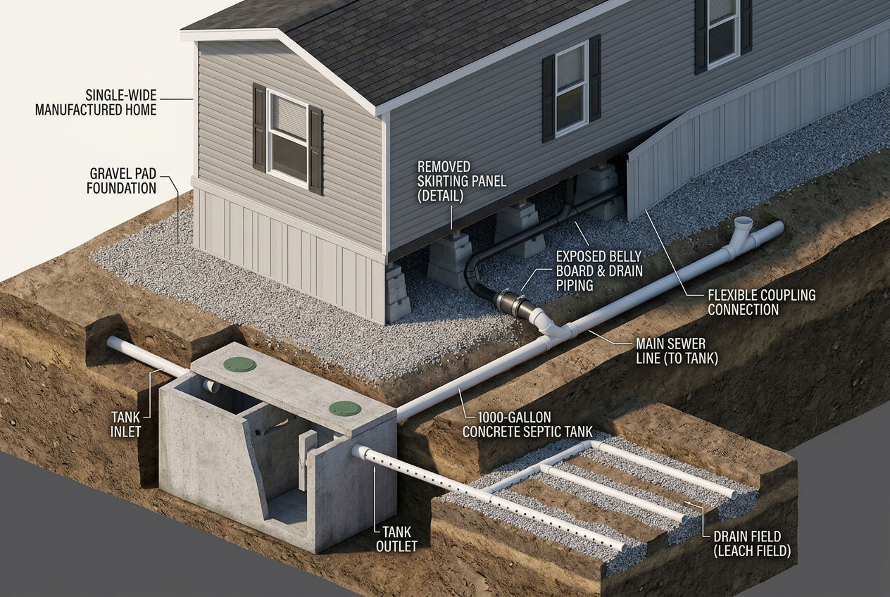 3D cutaway showing mobile home septic pipe connections through belly board to underground tank and drain field