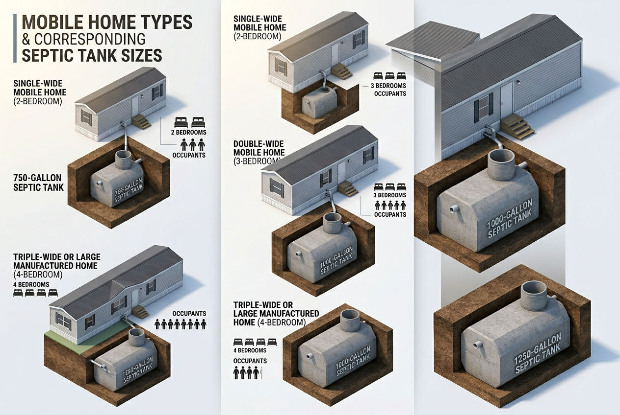 3D comparison of mobile home types with corresponding septic tank sizes: single-wide 750 gal, double-wide 1000 gal, large 1250 gal