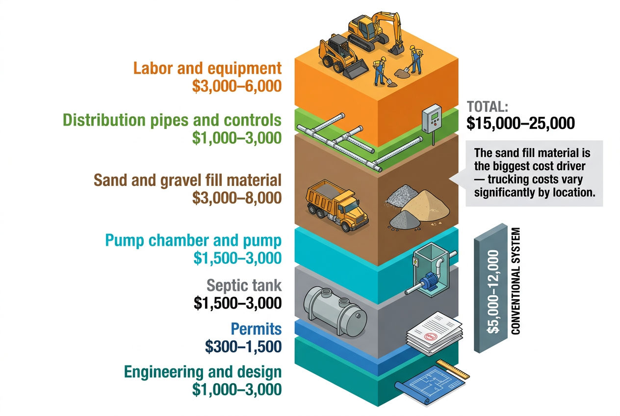 3D stacked cost breakdown for mound septic system installation totaling $15,000-25,000