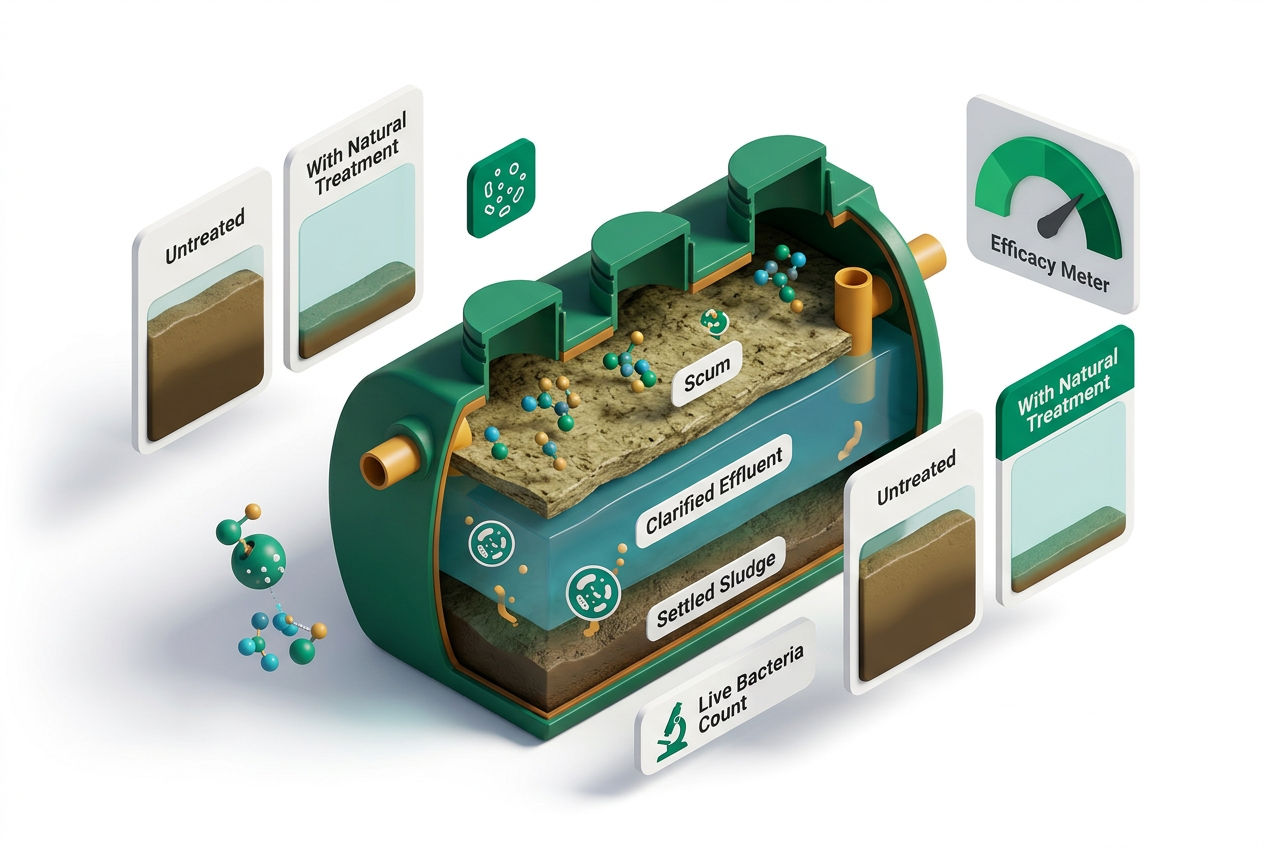 Isometric cutaway of a septic tank showing bacterial colonies breaking down waste layers with enzyme activity indicators and before/after comparison p