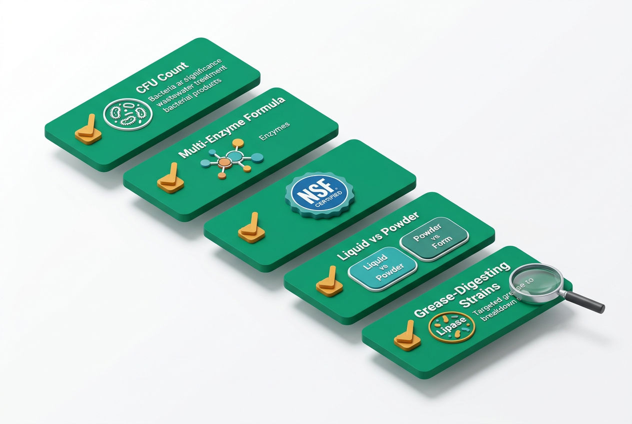 Isometric infographic displaying a floating checklist of key selection criteria for natural septic treatments including CFU count, enzyme types, and c