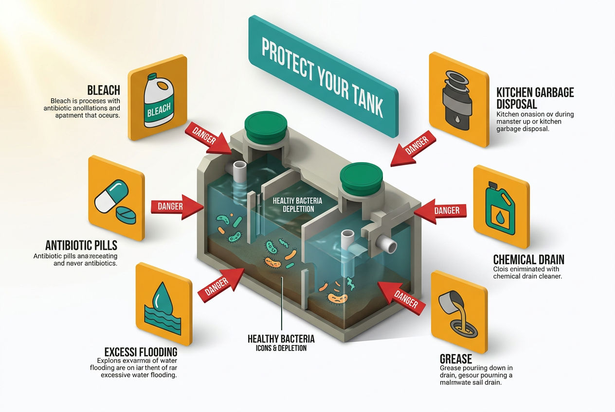 Isometric diagram showing common household threats to septic bacteria including bleach, antibiotics, and garbage disposal waste with warning indicator