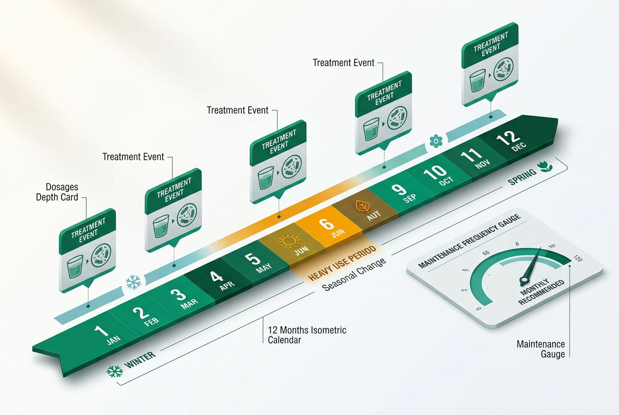 Isometric timeline infographic showing a monthly and seasonal natural septic treatment schedule with dosage indicators and calendar markers across a 1