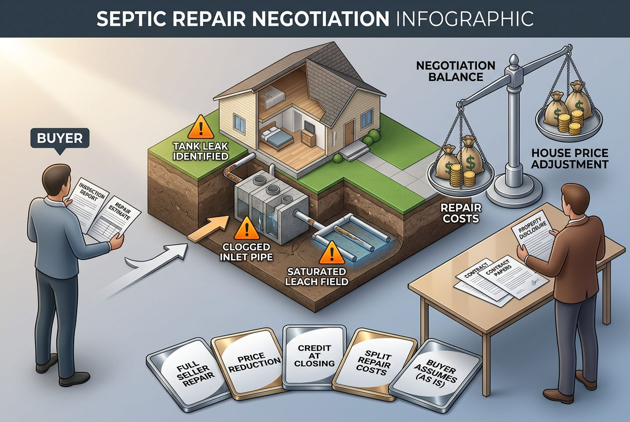 3D negotiation scene showing buyer and seller discussing septic repairs with inspection report, cost estimates, and balance scale