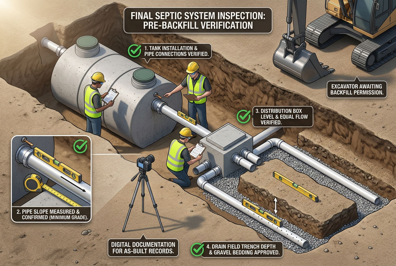 3D scene showing county inspector verifying newly installed septic system components against approved design before backfill