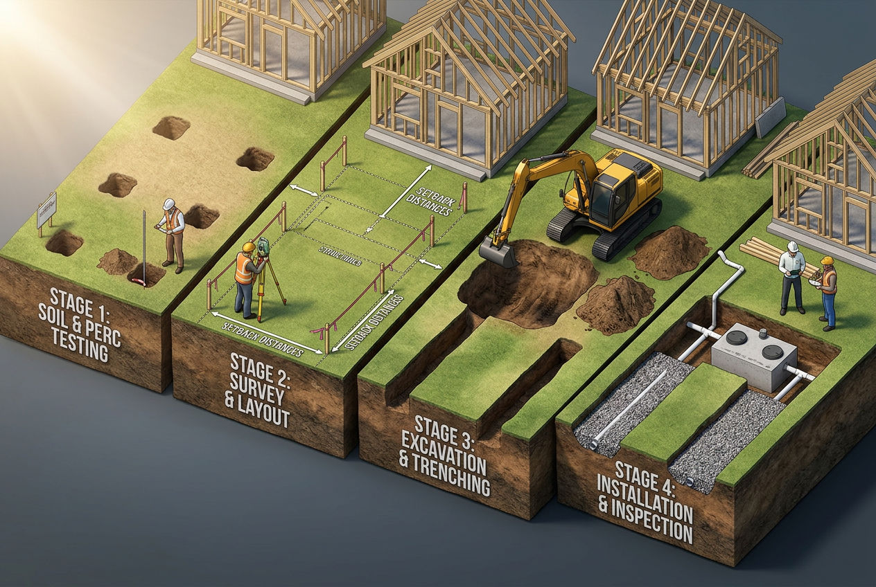 3D timeline showing four stages of new construction septic installation from perc test to final inspection