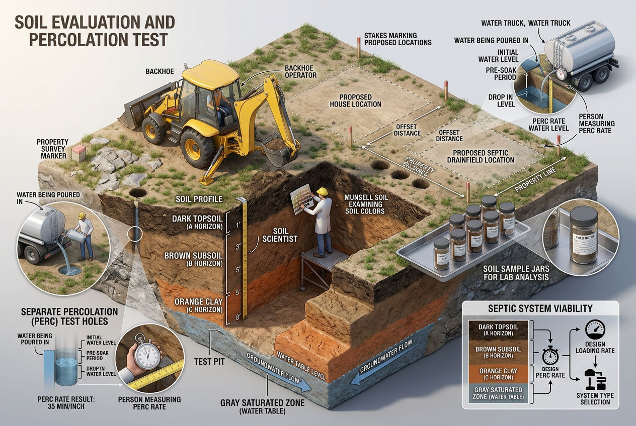 3D scene showing soil evaluation on building lot with test pit exposing soil layers, perc test holes, and sample collection