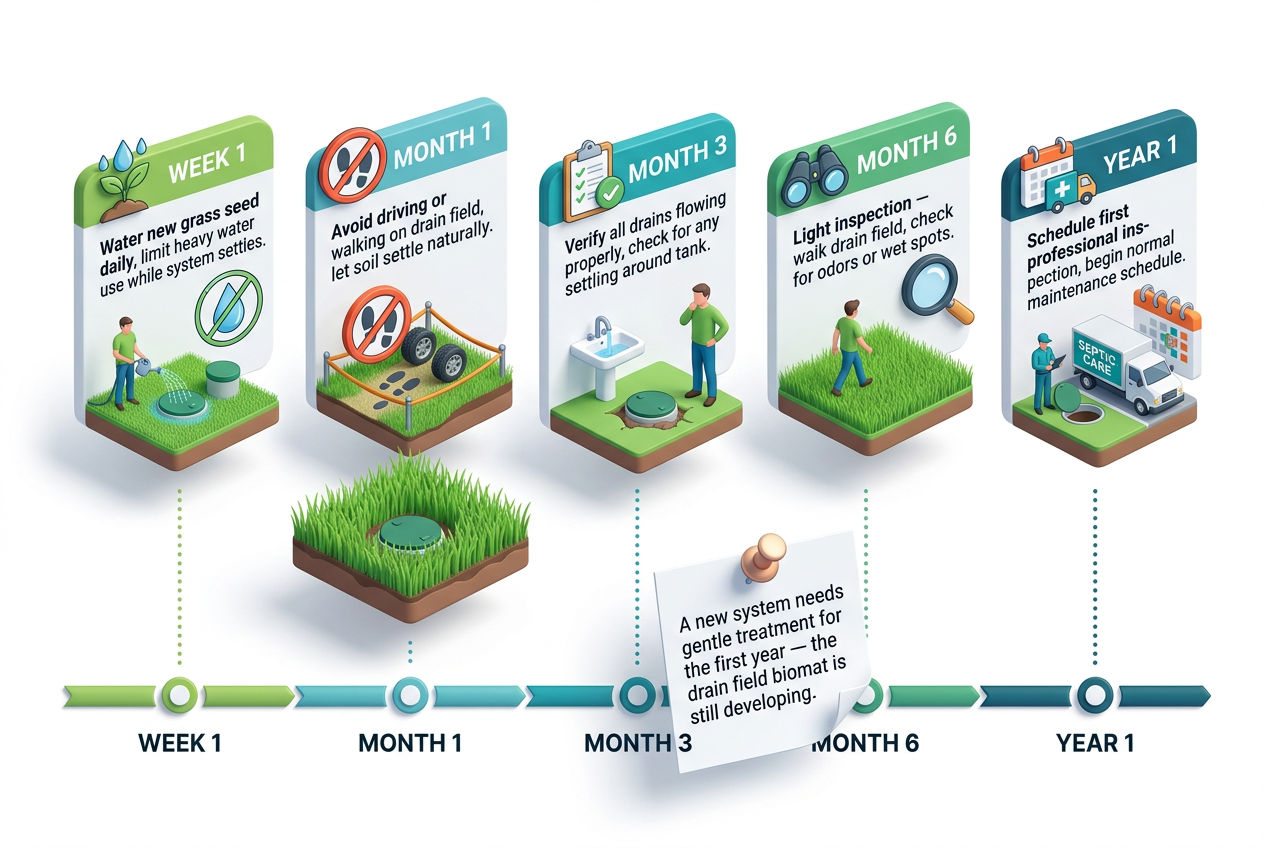 3D first-year care timeline for newly installed septic system from week 1 through year 1 milestones