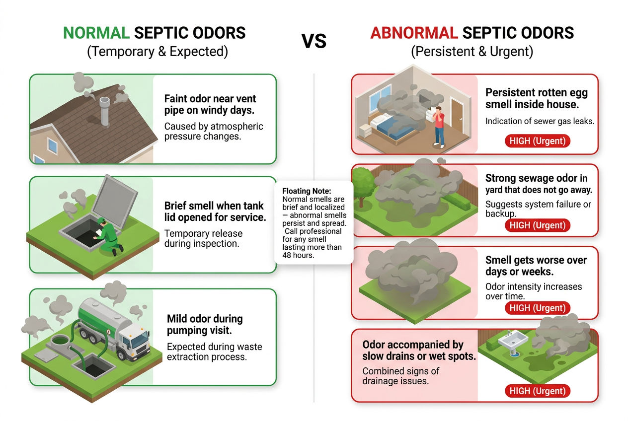 3D comparison of normal brief septic smells versus abnormal persistent odors requiring professional attention