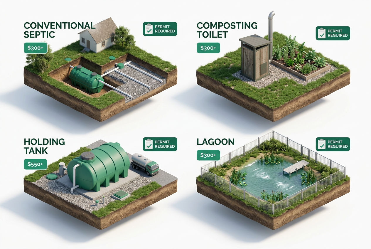 3D overview of four legal off-grid septic and wastewater options