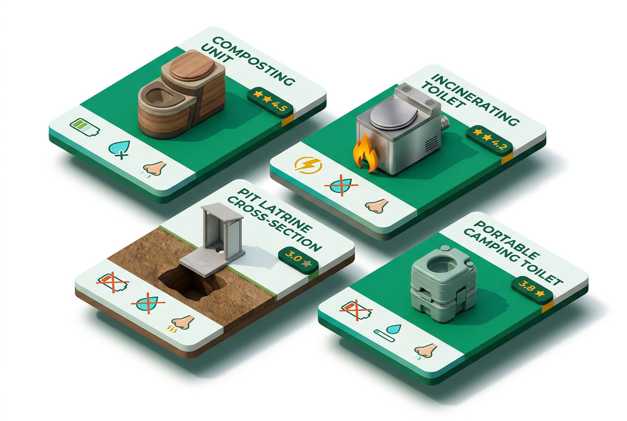 3D isometric comparison of four off-grid toilet types: composting, incinerating, pit latrine, and portable camping toilet with labels.