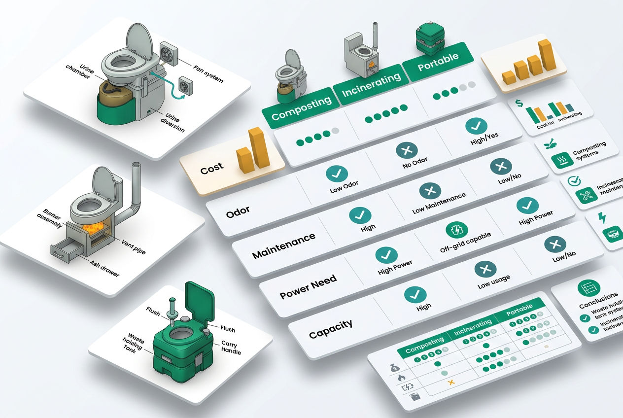 Isometric comparison matrix grid showing composting, incinerating, and portable toilets rated on cost, odor, maintenance, power, and capacity.