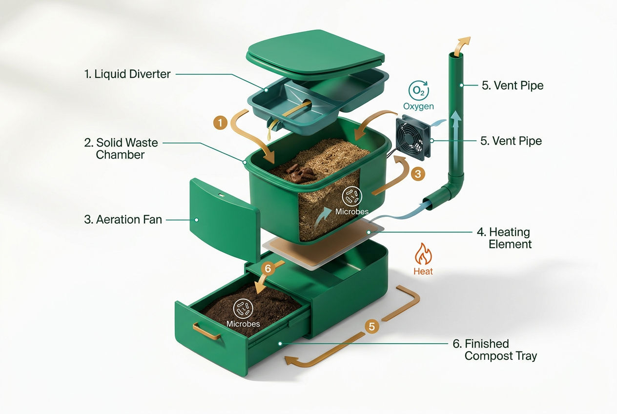 Cutaway 3D isometric diagram of a composting toilet showing waste chamber, aeration fan, evaporation vent, and finished compost drawer stages.