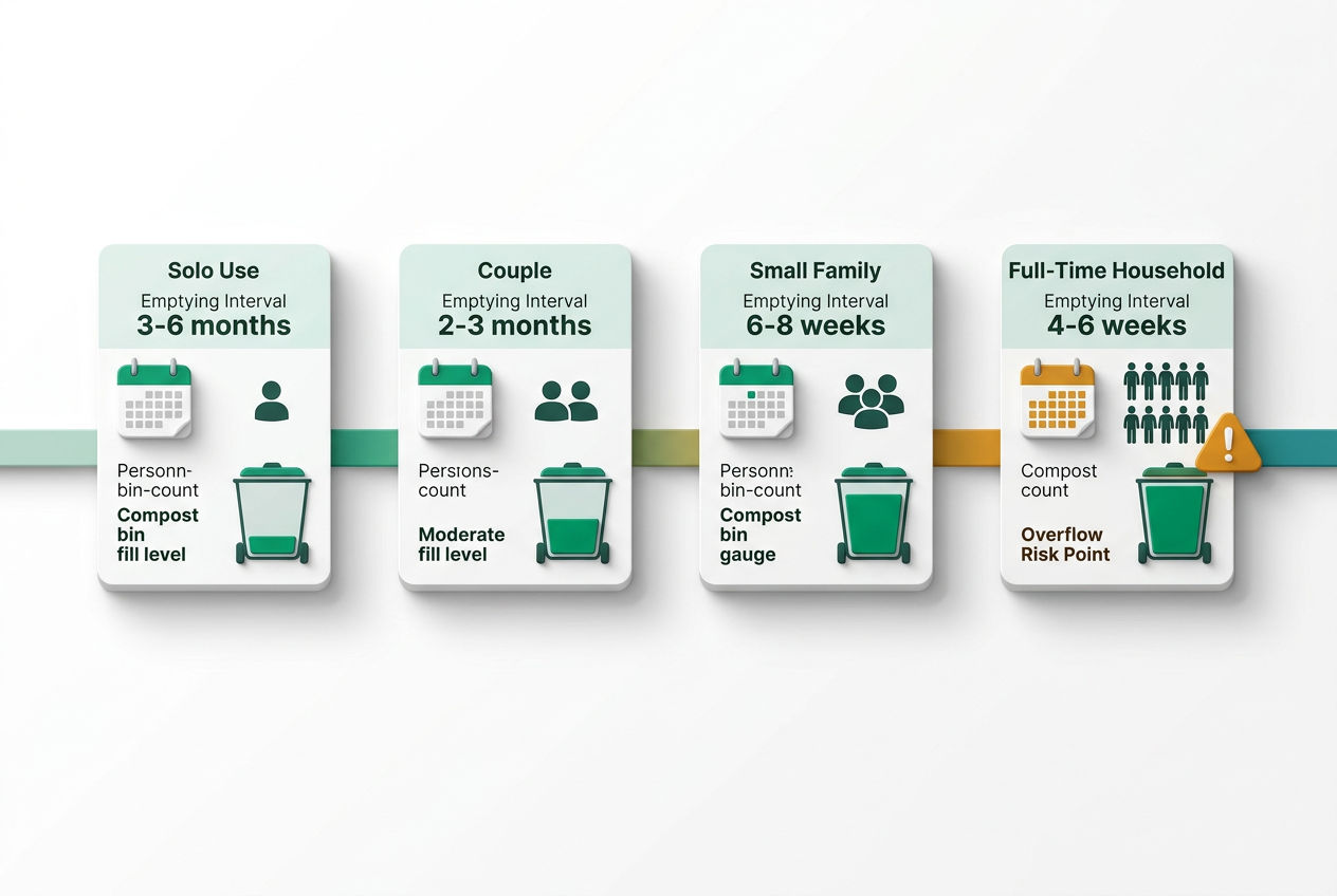 Isometric timeline infographic showing composting toilet emptying frequency by household size with calendar icons and compost bin illustrations.