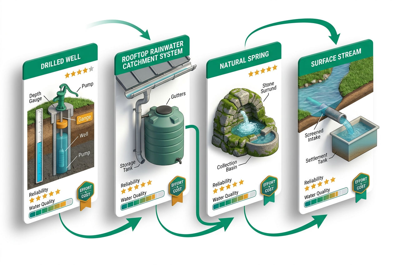 Isometric comparison of off-grid water sources: drilled well, rainwater collection, spring, and surface water with quality and cost ratings.